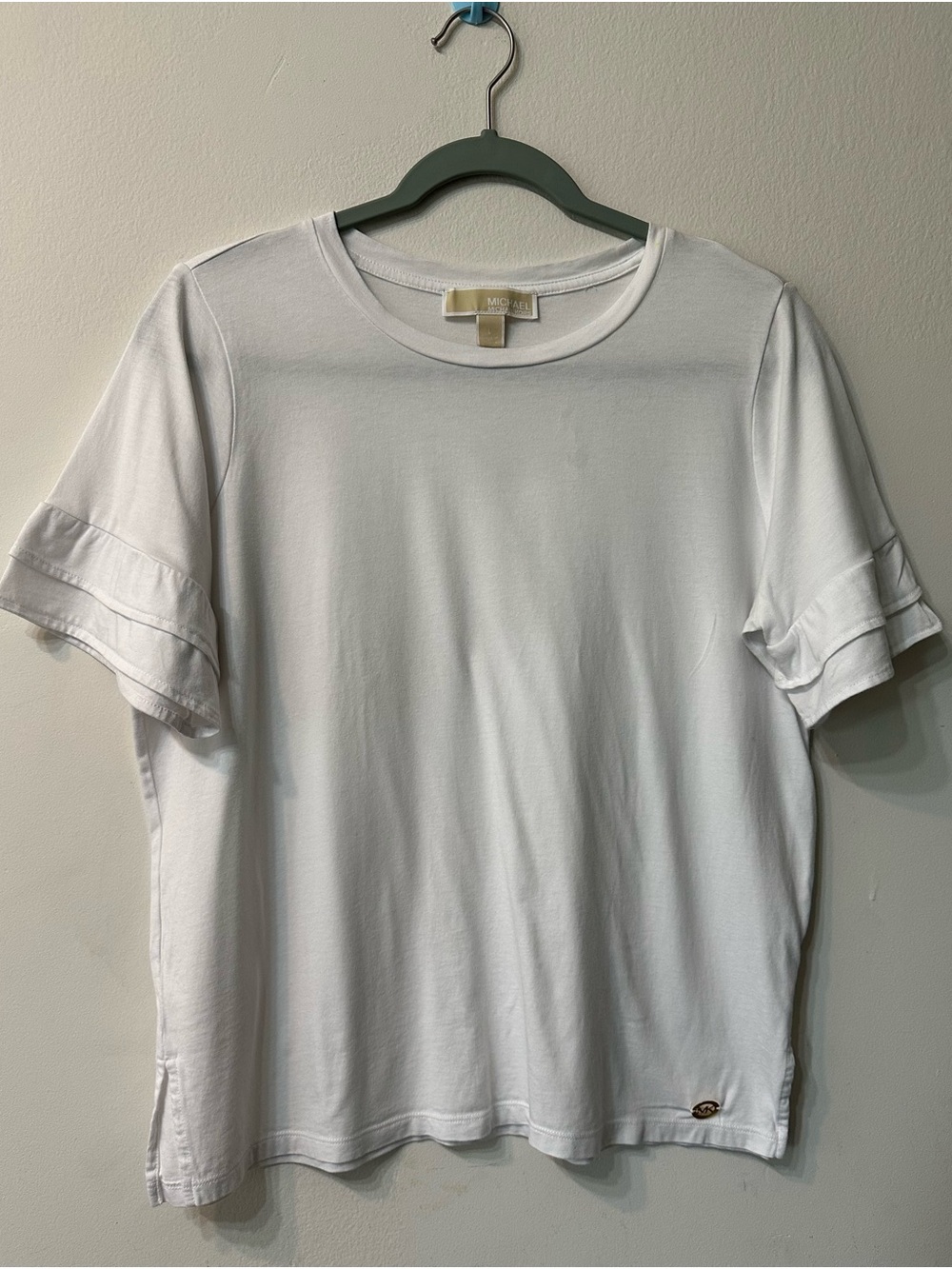 Michael Kors White Ruffle Sleeve Knit Crew Neck Short Sleeve T-Shirt Women's L